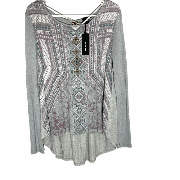 Miss Me Tops - Miss Me Long Sleeve Stud Detail Hi-Lo Top Large